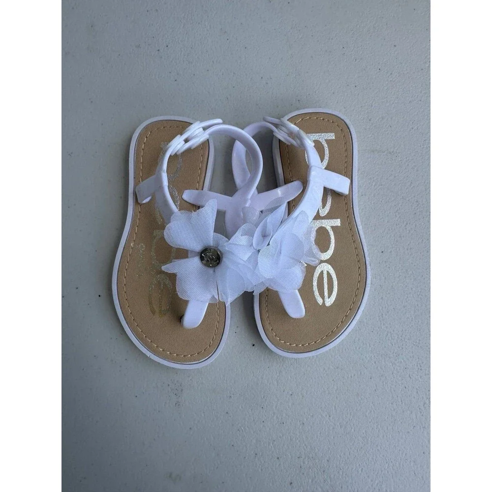 NWOT Bebe Girls' Baby White Chiffon Flower Snap Straps Jelly Thong Sandals S 5/6